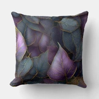 Purple Gold Botanical Leaves Throw Pillow