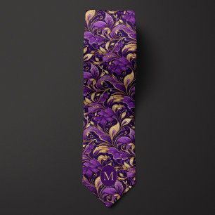 Purple & Gold Botanical Monogram Tie