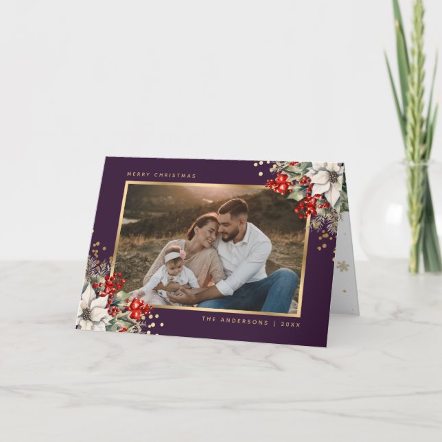 Purple Gold Botanical Photo Christmas Card (Front)