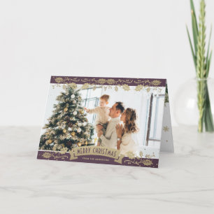 Purple Gold Botanical Photo Christmas Card