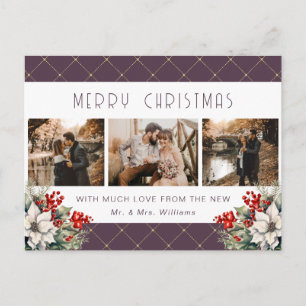 Purple Gold Botanical Photo Newlywed Holiday Postcard