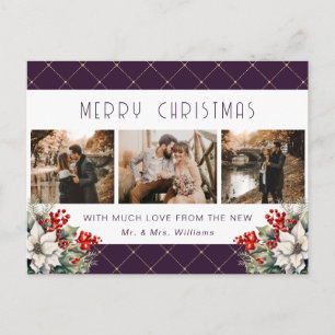 Purple Gold Botanical Photo Newlywed Holiday Postcard