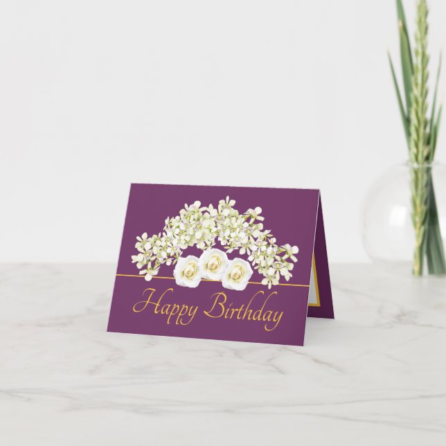 Purple Gold Bouquet Orchids Roses Happy Birthday Card (Front)