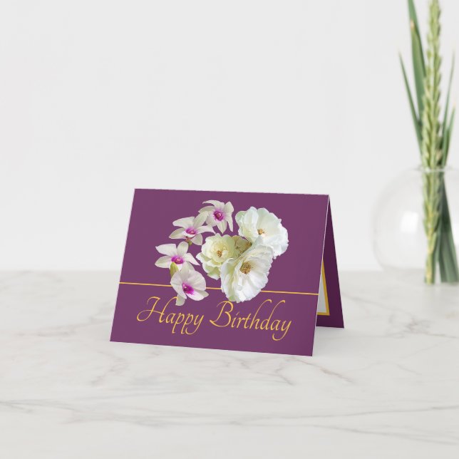 Purple Gold Bouquet Orchids Roses Happy Birthday Card (Front)