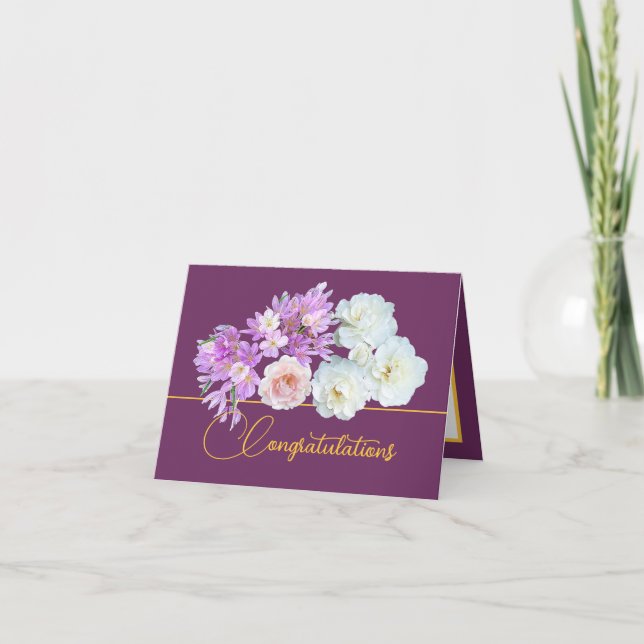 Purple Gold Bouquet Roses Crocuses Congratulations Card (Front)