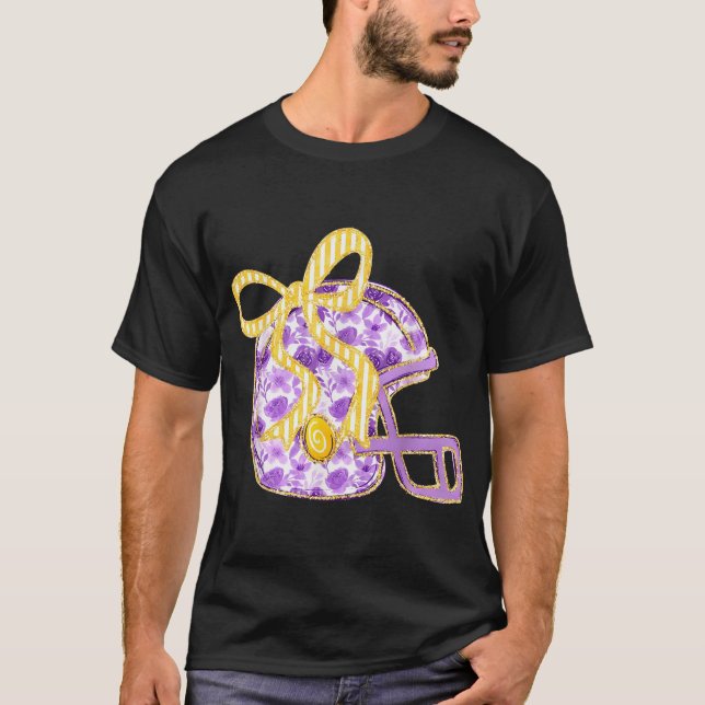 Purple Gold Bow Football Helmet Game Day Touchdown T-Shirt (Front)