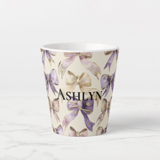 Purple Gold Bows Birthday Latte Mug (Front)