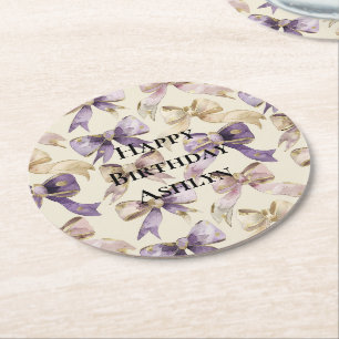 Purple Gold Bows Birthday Round Paper Coaster