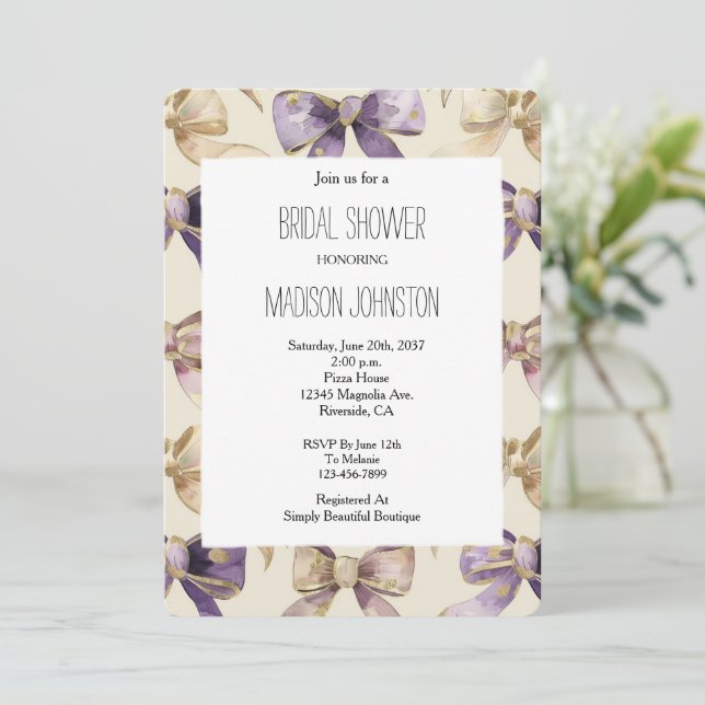 Purple Gold Bows Bridal Shower Invitation (Standing Front)