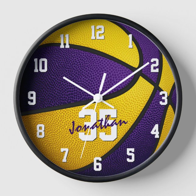 purple gold boys girls basketball personalized clock (Front)
