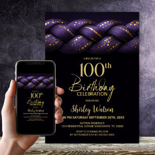 Purple Gold Braid 100th Birthday Party Invitation