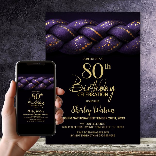 Purple Gold Braid 80th Birthday Party Invitation (Creator Uploaded)