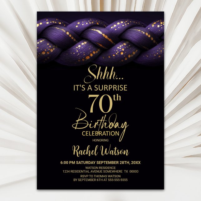 Purple Gold Braid Surprise 70th Birthday Party Invitation (Creator Uploaded)