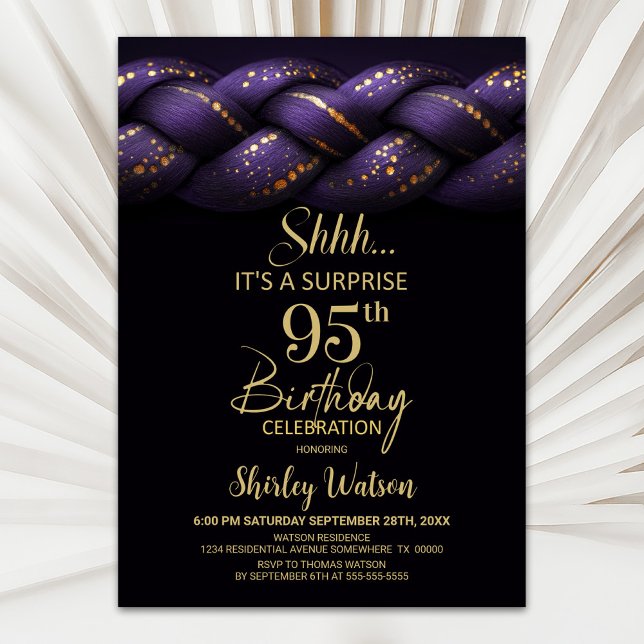 Purple Gold Braid Surprise 95th Birthday Party Invitation (Creator Uploaded)