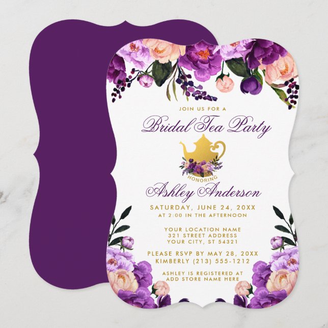 Purple Gold Bridal Shower Tea Party Invite BP (Front/Back)