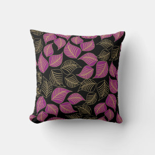 Purple gold broad leaves pattern on black cushion
