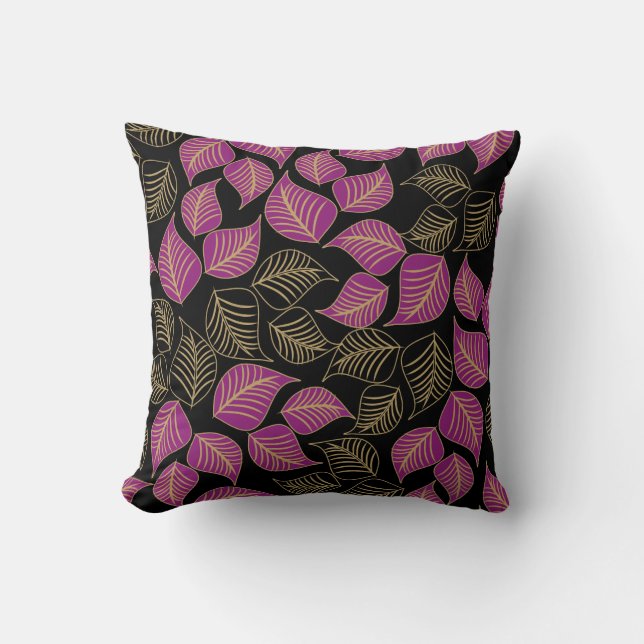 Purple gold broad leaves pattern on black cushion (Front)
