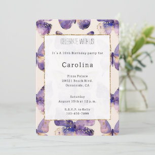 Purple Gold Butterflies Birthday Invitation