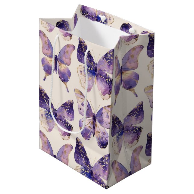 Purple Gold Butterflies Birthday  Medium Gift Bag (Front Angled)