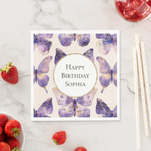 Purple Gold Butterflies Birthday Napkin