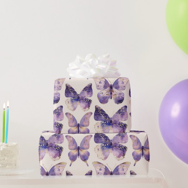 Purple Gold Butterflies Birthday  Wrapping Paper (Party Gifts)