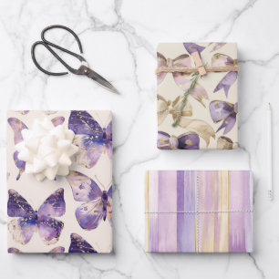 Purple Gold Butterflies Bows Stripes Birthday  Wrapping Paper Sheet