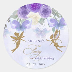 Purple Gold Butterflies Fairy First Birthday Classic Round Sticker