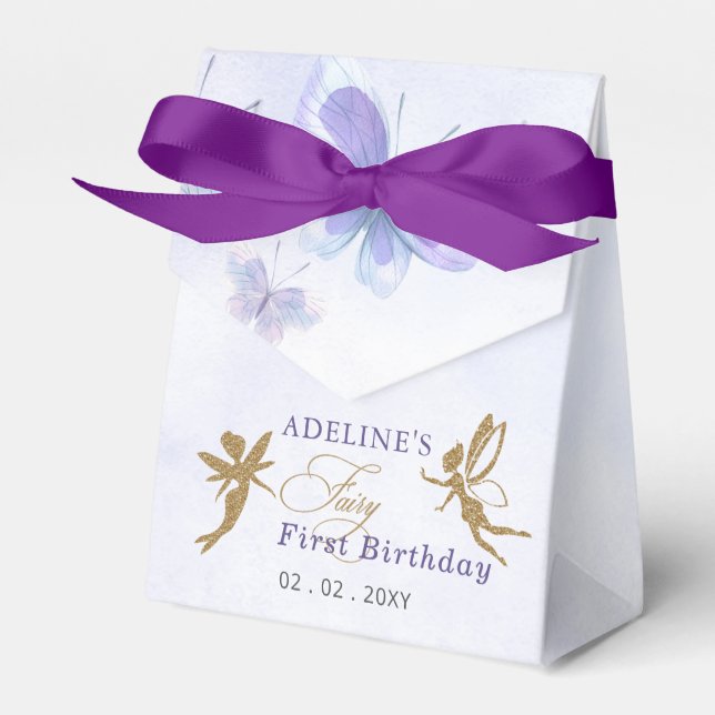 Purple Gold Butterflies Fairy First Birthday Favour Box (Front Side)