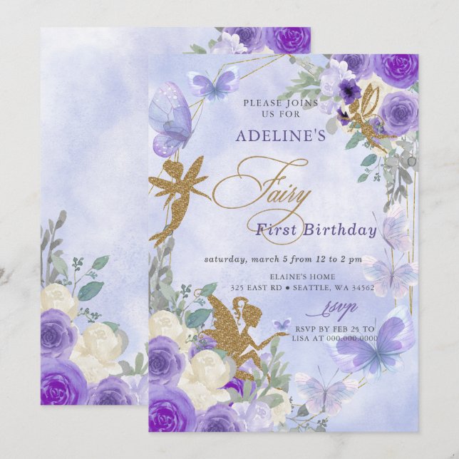 Purple Gold Butterflies Fairy First Birthday Invitation (Front/Back)
