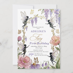 Purple Gold Butterflies Fairy First Birthday Invitation