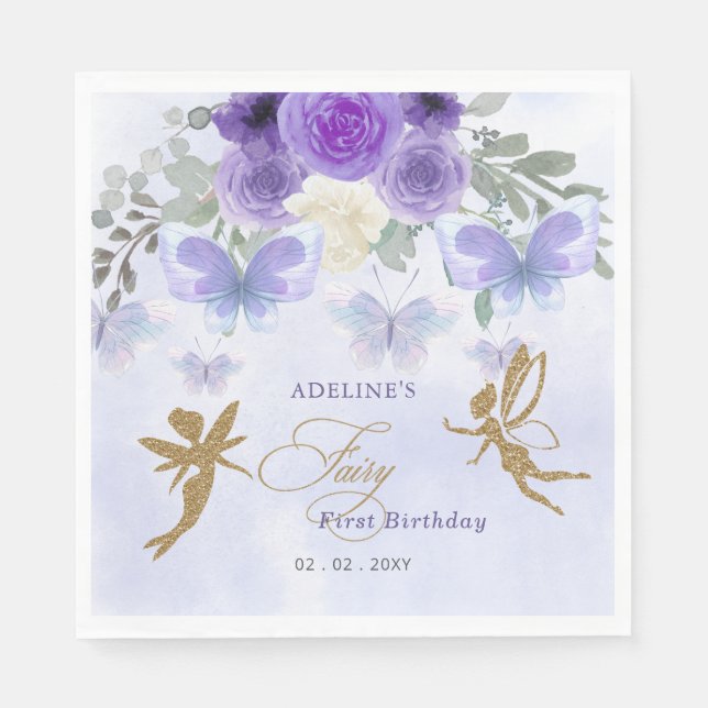 Purple Gold Butterflies Fairy First Birthday Napkin (Front)