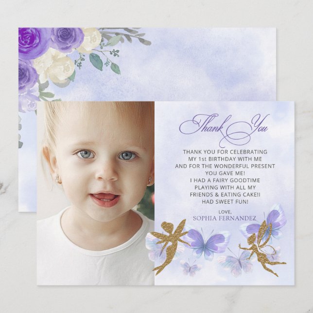 Purple Gold Butterflies Fairy First Birthday Thank You Card (Front/Back)