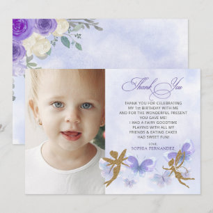 Purple Gold Butterflies Fairy First Birthday Thank You Card