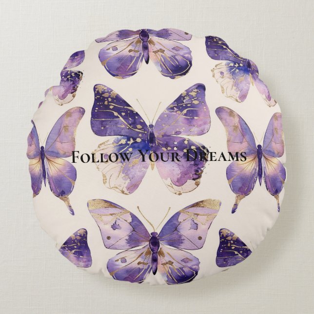 Purple Gold Butterflies Glitter Round Cushion (Front)