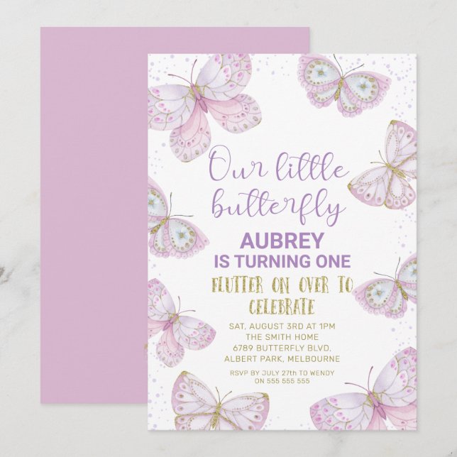 Purple Gold Butterflies Gold Glitter 1st Birthday Invitation (Front/Back)