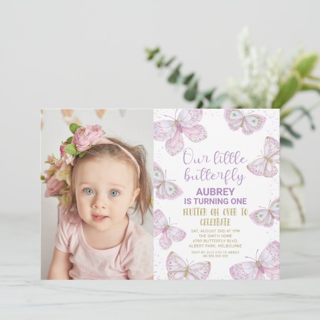 Purple Gold Butterflies Photo 1st Birthday Invitation (Standing Front)