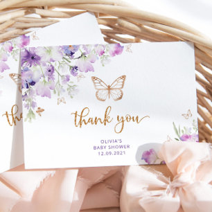 Purple gold butterfly baby shower thank you card