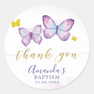 Purple Gold Butterfly Baptism Thank You Sticker