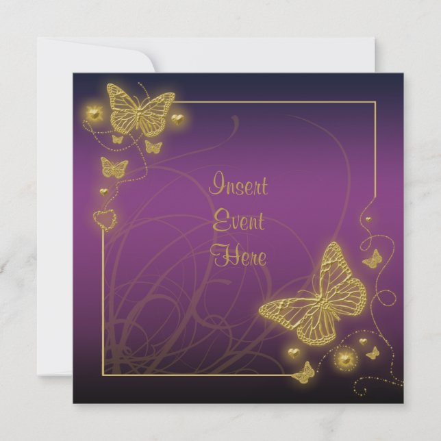 Purple gold butterfly black swirls invitation (Front)