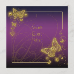Purple gold butterfly black swirls invitation
