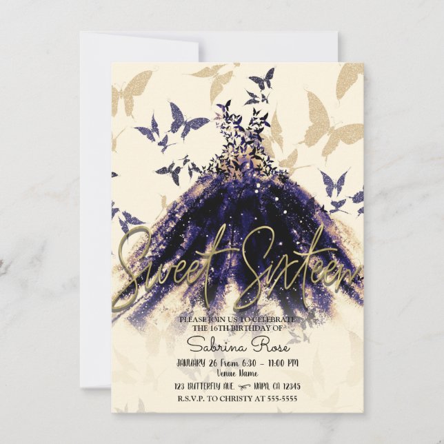 Purple Gold Butterfly Dance Dress Sweet 16 Party Invitation (Front)