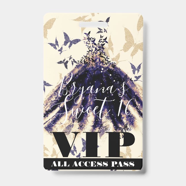 Purple Gold Butterfly Dance Dress Sweet 16 VIP ID Badge (Front)