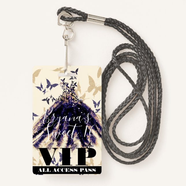 Purple Gold Butterfly Dance Dress Sweet 16 VIP ID Badge (Front with Lanyard)