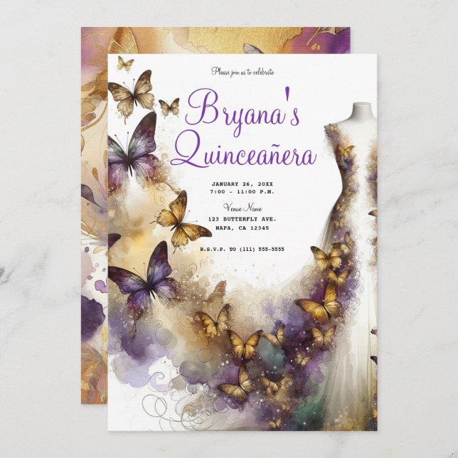 Purple & Gold Butterfly Dress Fantasy Quinceañera Invitation (Front/Back)
