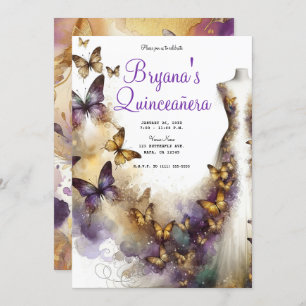 Purple & Gold Butterfly Dress Fantasy Quinceañera Invitation