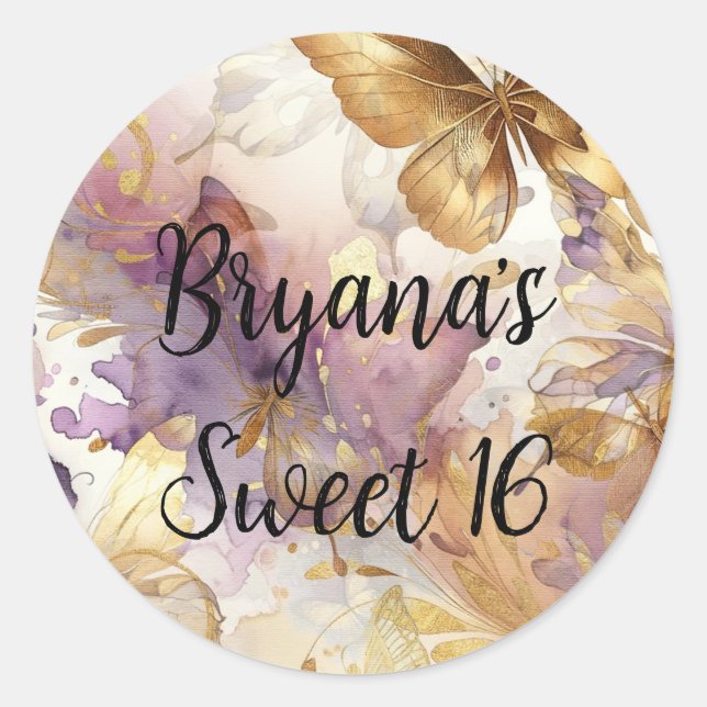 Purple & Gold Butterfly Dress Fantasy Sweet 16  Classic Round Sticker (Front)