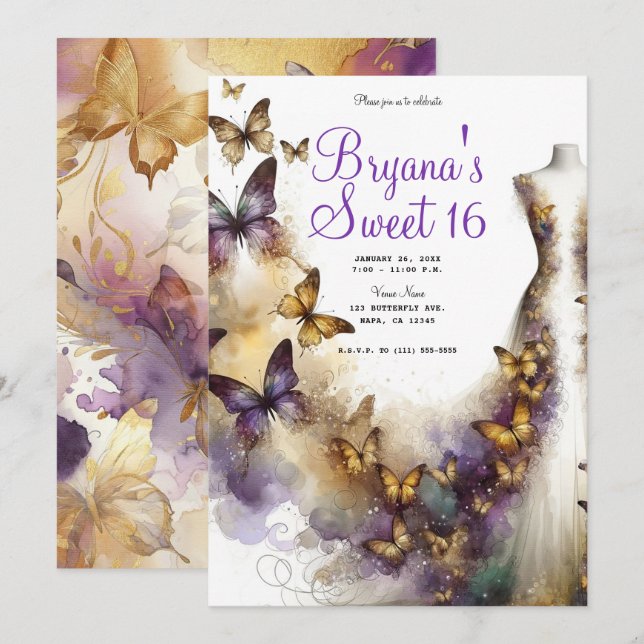 Purple & Gold Butterfly Dress Fantasy Sweet 16  Invitation (Front/Back)