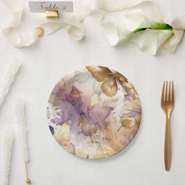 Purple & Gold Butterfly Dress Fantasy Sweet 16  Paper Plate (Wedding)