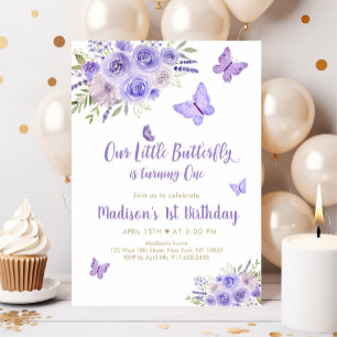 Purple Gold Butterfly Floral 1st Birthday Invitation
