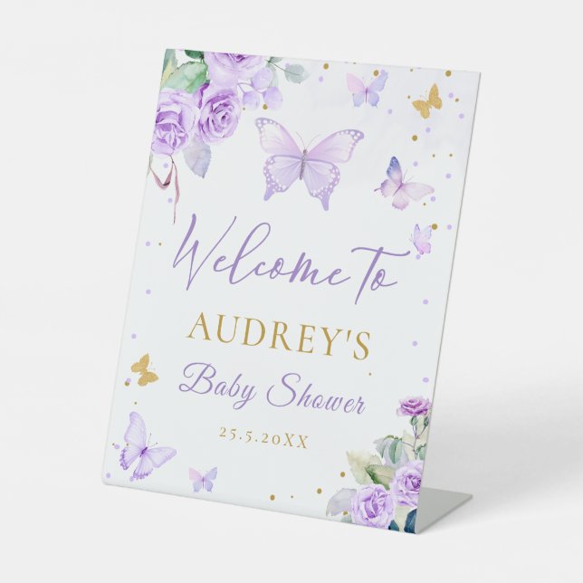 Purple Gold Butterfly Floral Baby Shower Welcome Pedestal Sign (Front)